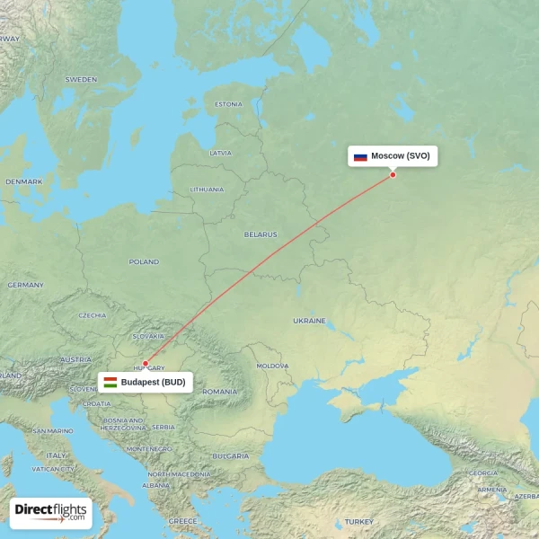 Budapest - Moscow direct flight map