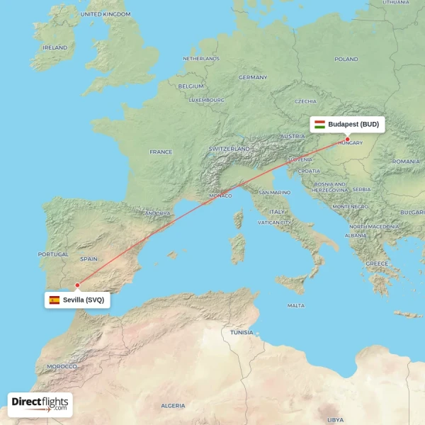 Budapest - Sevilla direct flight map