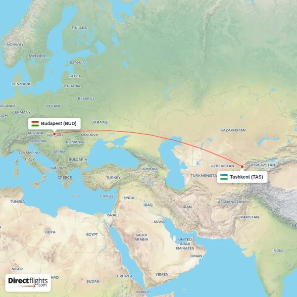 Budapest - Tashkent direct flight map