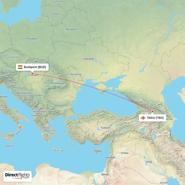 Budapest - Tbilisi direct flight map