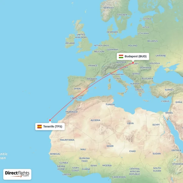 Budapest - Tenerife direct flight map