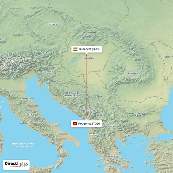 Budapest - Podgorica direct flight map
