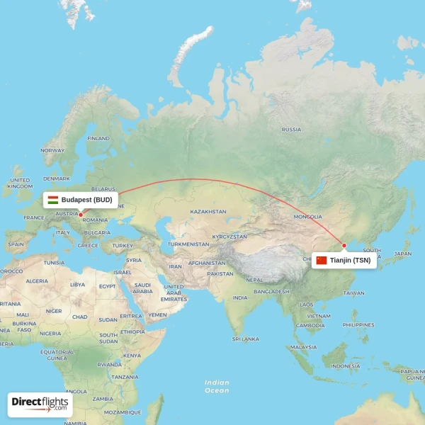 Budapest - Tianjin direct flight map