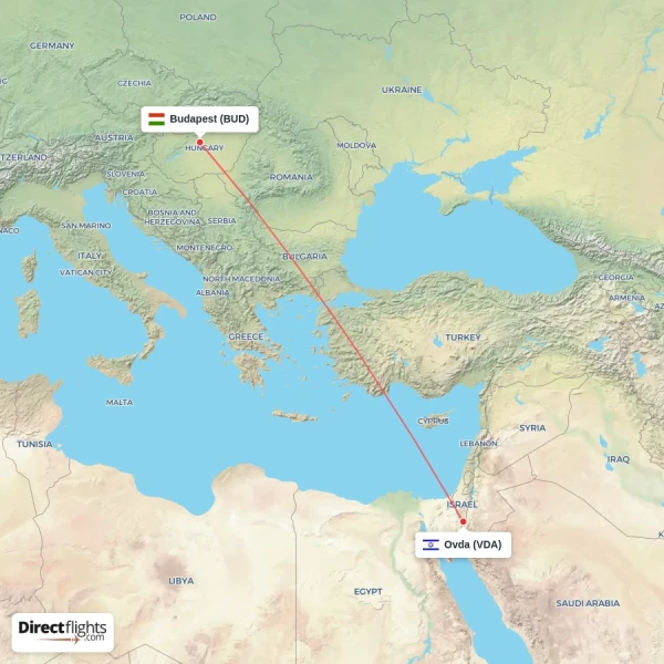 Budapest - Ovda direct flight map