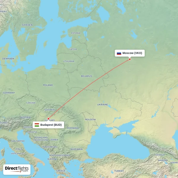 Budapest - Moscow direct flight map