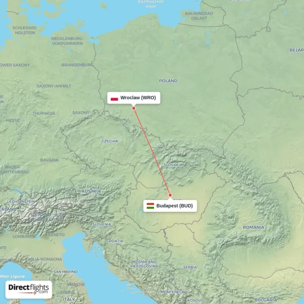Budapest - Wroclaw direct flight map