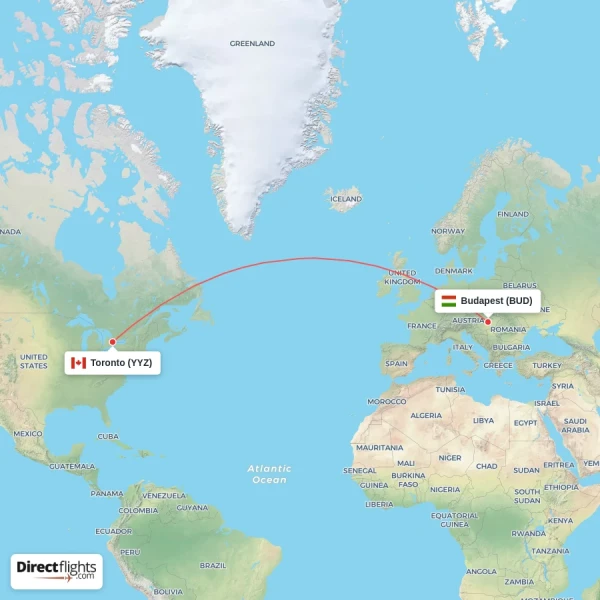 Budapest - Toronto direct flight map