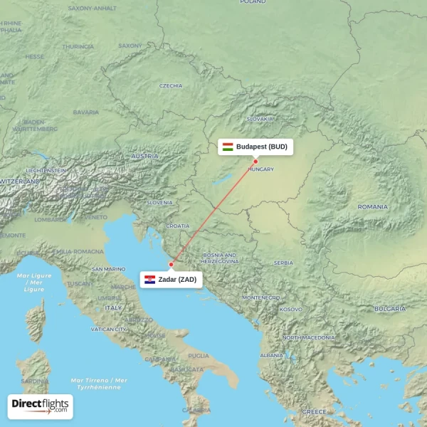 Budapest - Zadar direct flight map