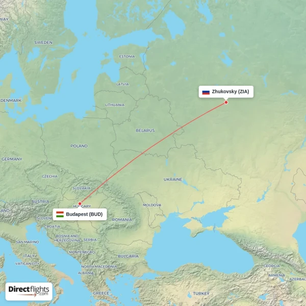 Budapest - Zhukovsky direct flight map