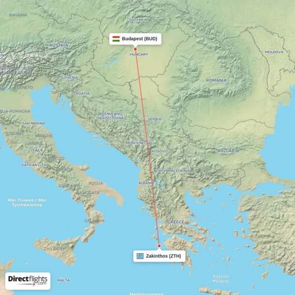 Budapest - Zakinthos direct flight map
