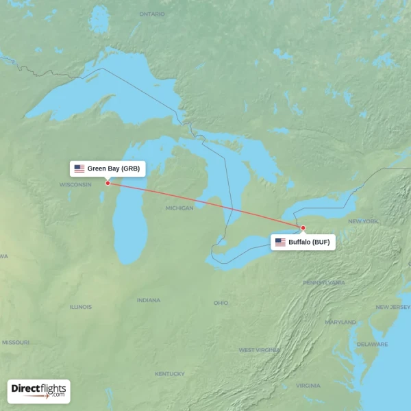 Buffalo - Green Bay direct flight map