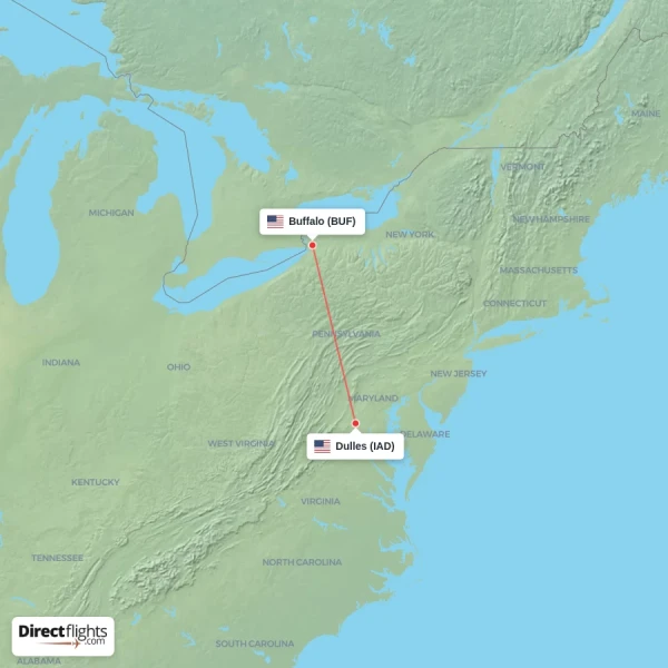 Buffalo - Dulles direct flight map