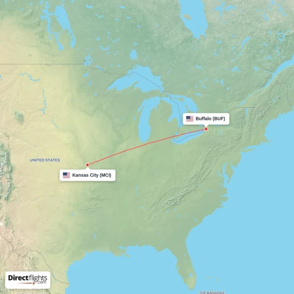 Buffalo - Kansas City direct flight map