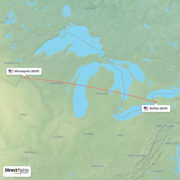 Buffalo - Minneapolis direct flight map