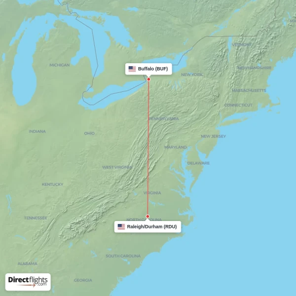 Buffalo - Raleigh/Durham direct flight map