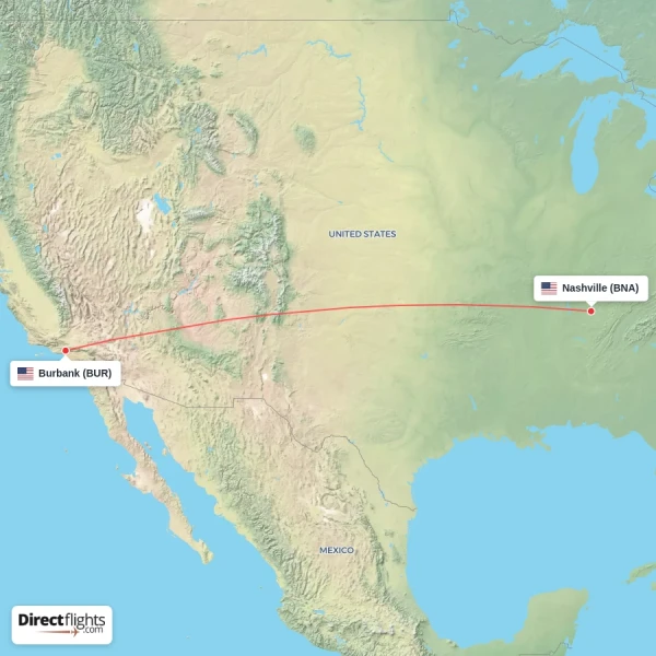 Burbank - Nashville direct flight map