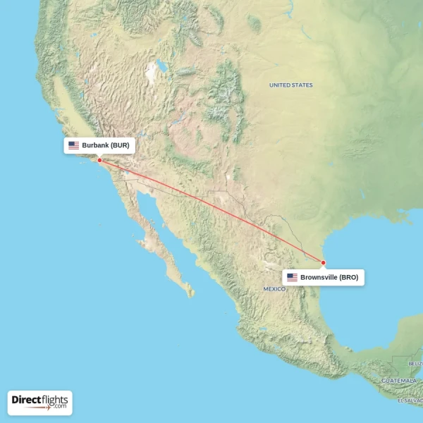 Burbank - Brownsville direct flight map