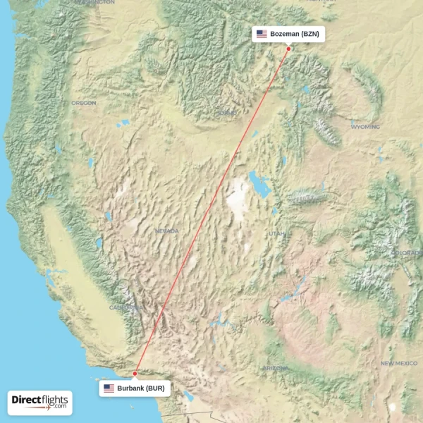 Burbank - Bozeman direct flight map