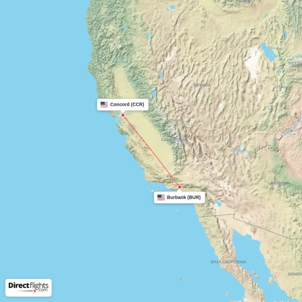 Burbank - Concord direct flight map