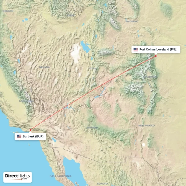 Burbank - Fort Collins/Loveland direct flight map