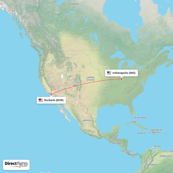 Burbank - Indianapolis direct flight map