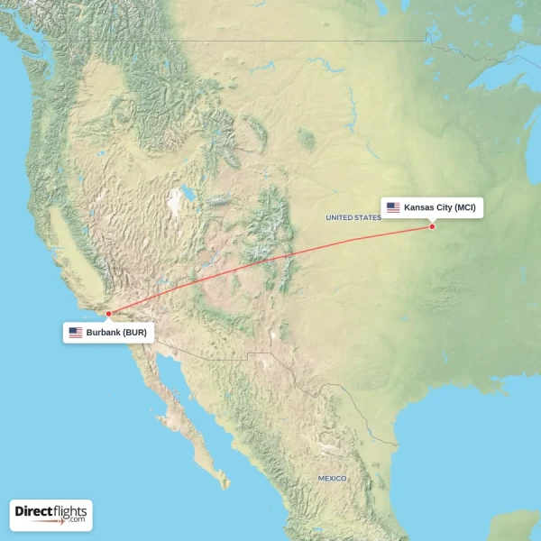 Burbank - Kansas City direct flight map