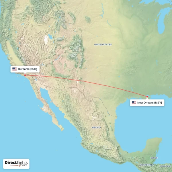Burbank - New Orleans direct flight map