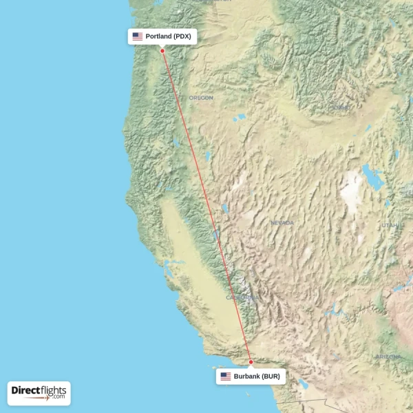 Burbank - Portland direct flight map