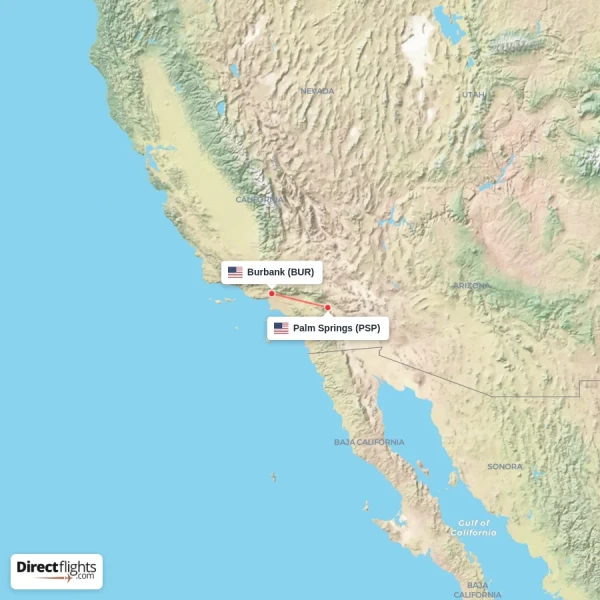 Burbank - Palm Springs direct flight map