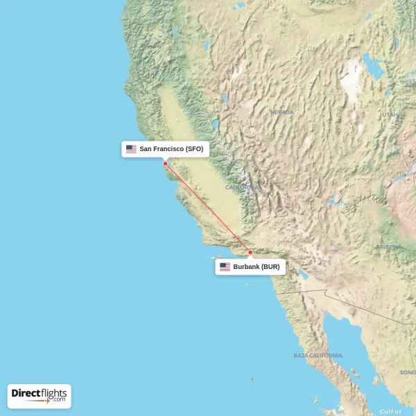 Burbank - San Francisco direct flight map
