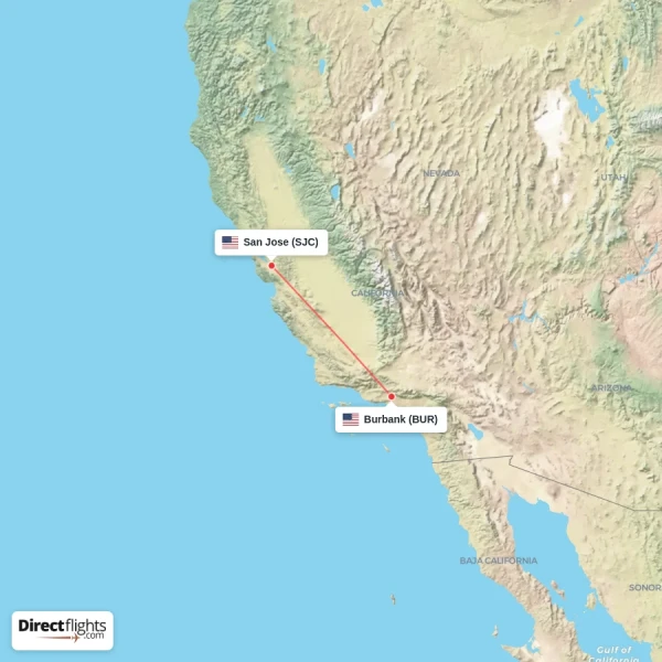 Burbank - San Jose direct flight map