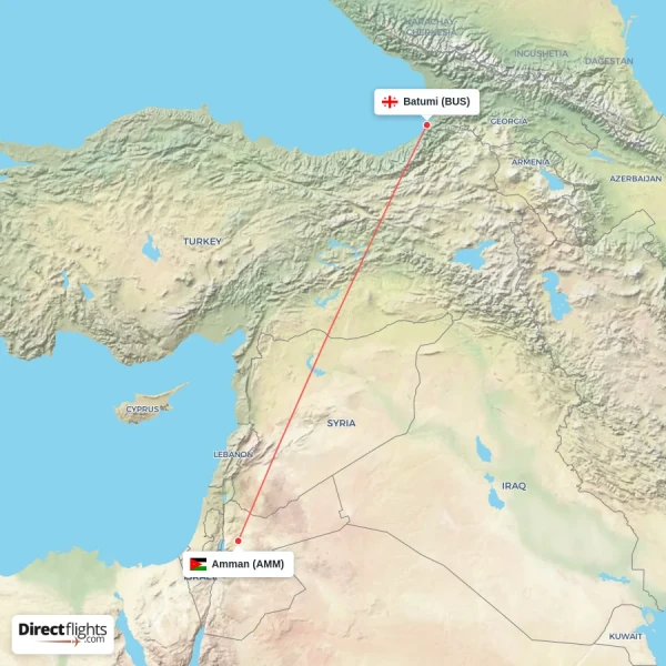 Batumi - Amman direct flight map