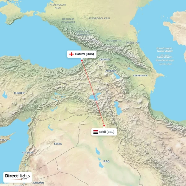 Batumi - Erbil direct flight map