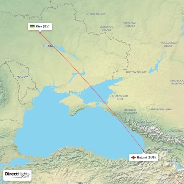 Batumi - Kiev direct flight map