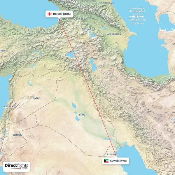 Batumi - Kuwait direct flight map