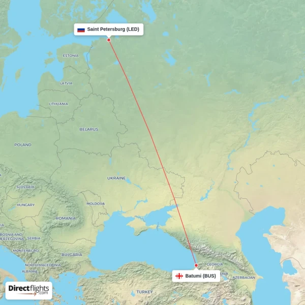 Batumi - Saint Petersburg direct flight map