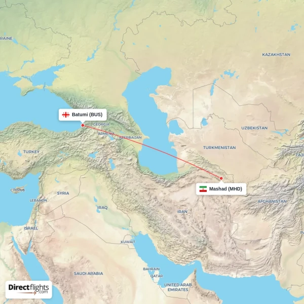 Batumi - Mashad direct flight map