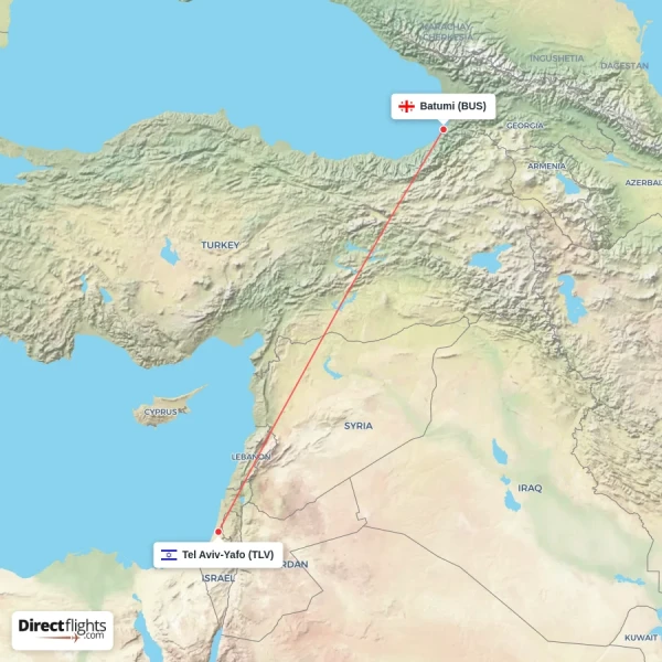 Batumi - Tel Aviv-Yafo direct flight map