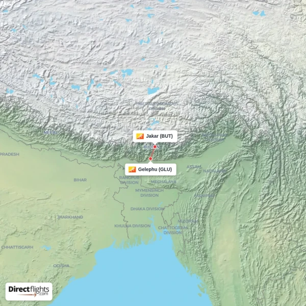 Jakar - Gelephu direct flight map