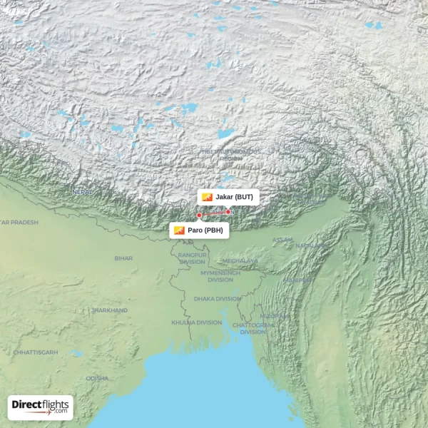 Jakar - Paro direct flight map