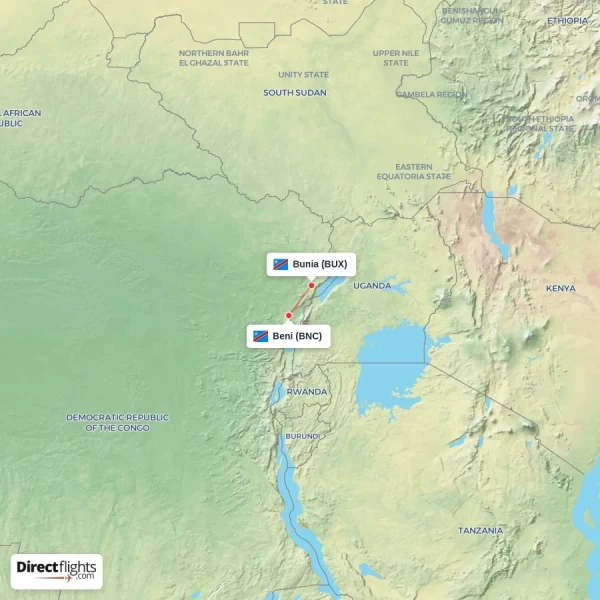 Bunia - Beni direct flight map
