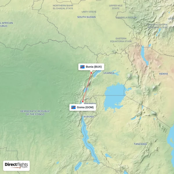 Bunia - Goma direct flight map