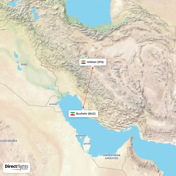 Bushehr - Isfahan direct flight map