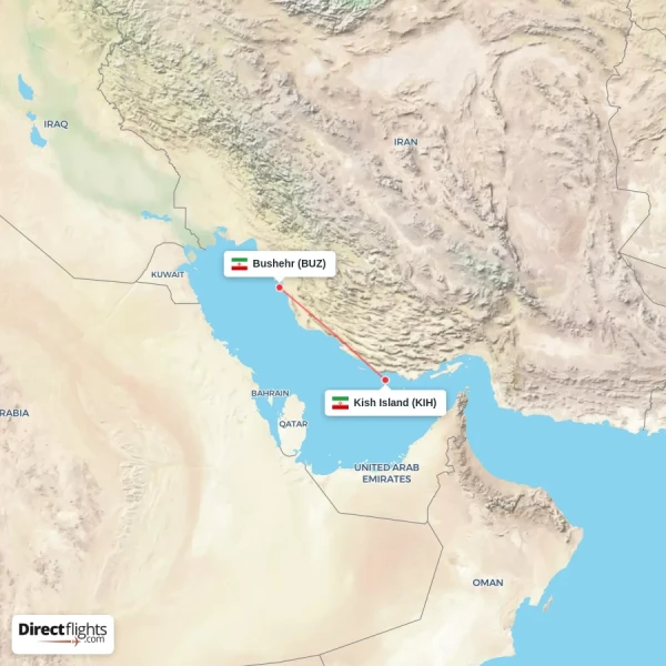 Bushehr - Kish Island direct flight map