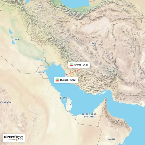 Bushehr - Shiraz direct flight map