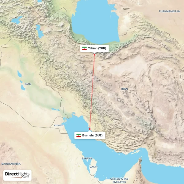 Bushehr - Tehran direct flight map