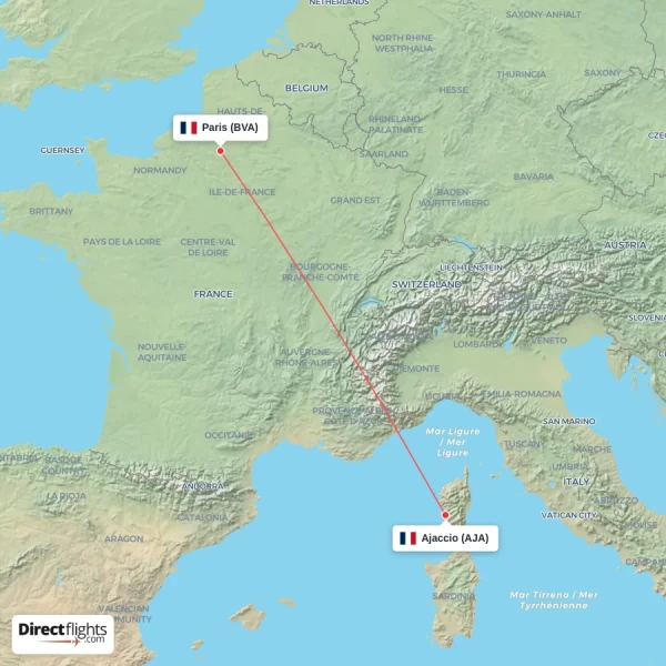 Paris - Ajaccio direct flight map