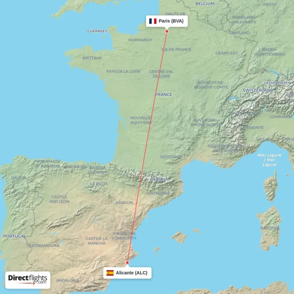 Paris - Alicante direct flight map