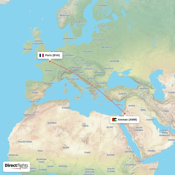 Paris - Amman direct flight map
