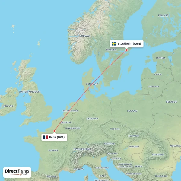 Paris - Stockholm direct flight map